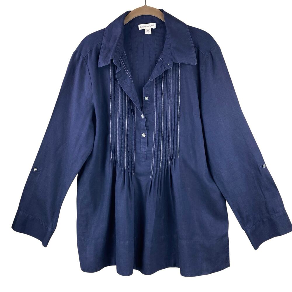 100% Linen Blouse Tunic Navy Nautical Beach Coastal Resort Coldwater Creek